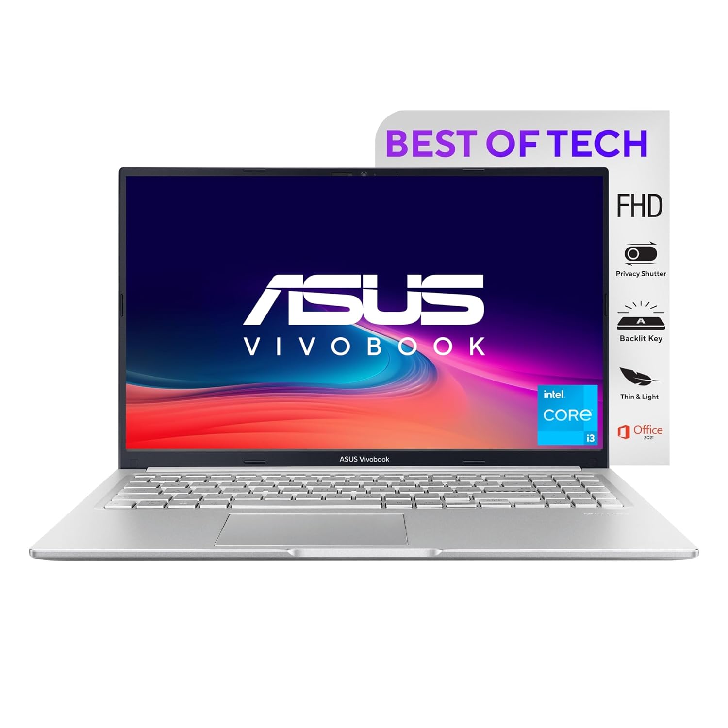 ASUS VivoBook 15 (2022), Intel®Core™ i3-1215U 12th Gen, 15.6" (39.62 cm) FHD, Thin and Light Laptop (8GB/512 SSD//Windows 11/Office 2021/Backlit KB/Cool Silver/1.7 kg), X1504ZA-NJ322WS