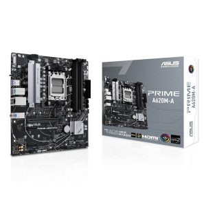 ASUS Prime A620 Micro-ATX Motherboard, DDR5, PCIe 4.0 Support, Dual M.2 Slots, DisplayPort/HDMI/VGA, USB 3.2 Gen 1 Ports, Front USB 3.2 Gen 1 Type-C, BIOS Flashback, Noise Cancelation, Aura Sync