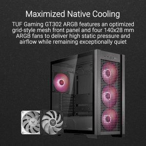 ASUS TUF Gaming GT302 ARGB ATX Mid-Tower Case Four 140 x 28 mm ARGB Fans for high Airflow and Static Pressure, Interchangeable Side Panel, Detachable top Panel, Hidden-Connector Motherboard Support